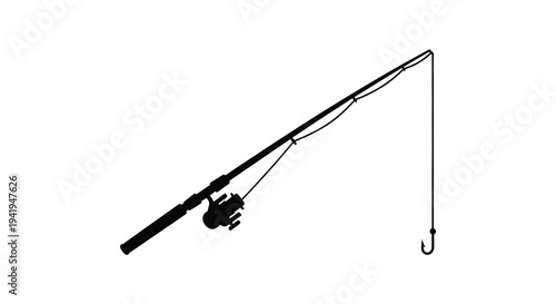 A simple black silhouette of a fishing rod with line and hook angling equipment silhouette