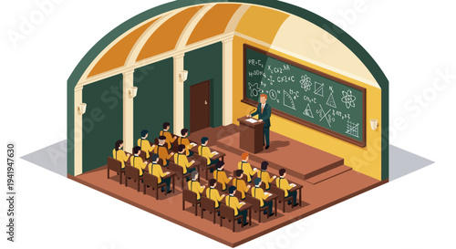 Isometric classroom lecture with students and teacher in academic setting