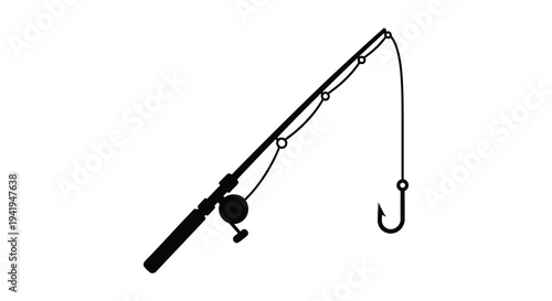 A simple black silhouette of a fishing rod with a visible reel and hook silhouette