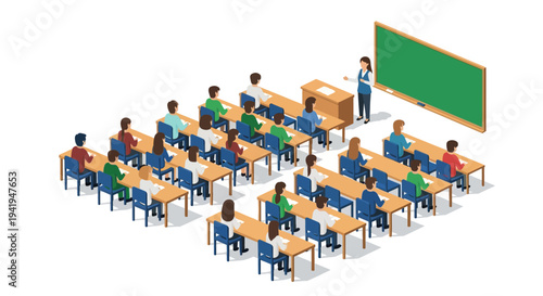 Isometric classroom scene with teacher and diverse students in lecture setting
