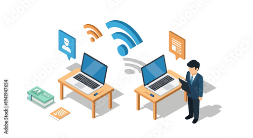 Remote work communication with isometric laptops and digital icons