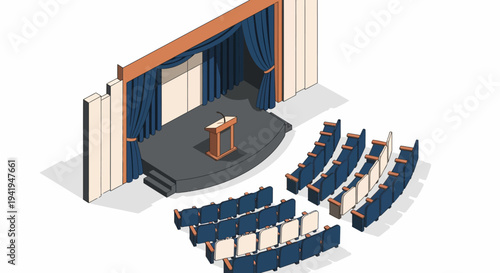 Isometric conference hall with stage and seating arrangement