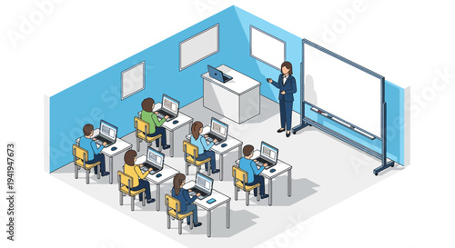 Isometric classroom scene with teacher and students using laptops