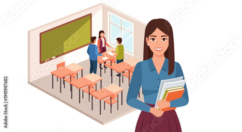 Teacher in classroom: engaging learning environment with students and education resources