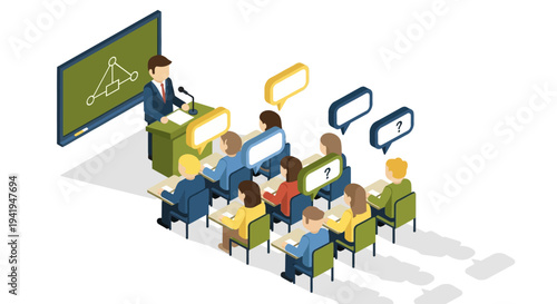 Interactive isometric classroom seminar with engaged students and teacher