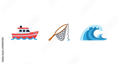 Colorful nautical icons: fishing boat, net, and ocean wave