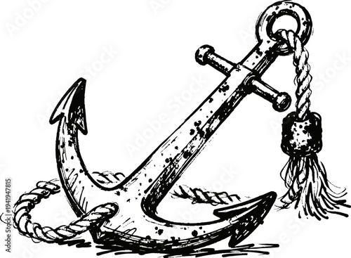 Vintage nautical anchor with rope illustration, maritime symbol for sea travel and sailing