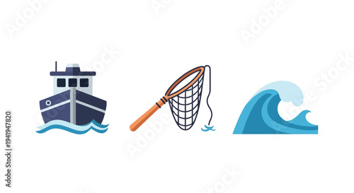Fishing boat, net, and wave icons - flat design for maritime themes