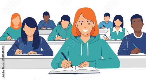 Diverse group of students studying in classroom - flat design