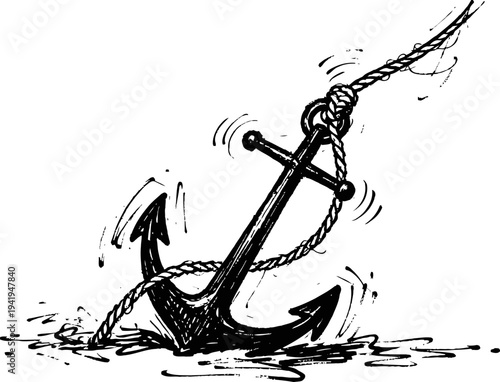 Anchored metal anchor with twisted rope sinking into water splashes nautical marine symbol of stability and strength