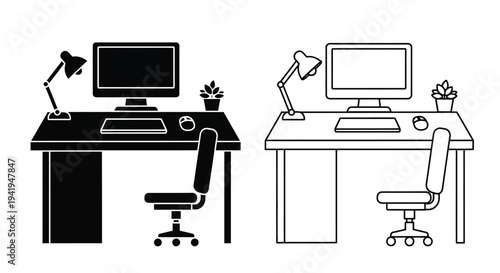 Two modern office desk setups one in solid black silhouette