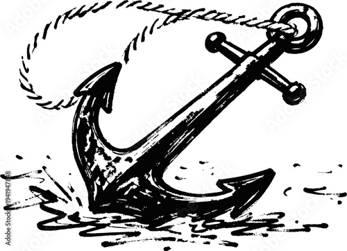 Vintage black anchor illustration with rope and water splash on white background
