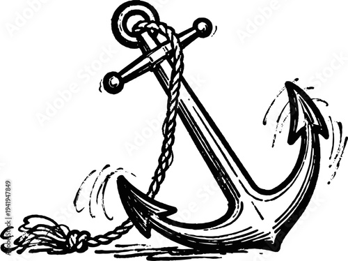 Classic nautical anchor with rope illustration maritime symbol, sea adventure, boat equipment, vintage drawing