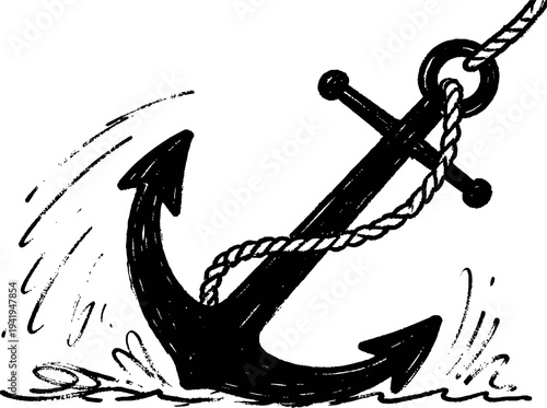 Black anchor with rope sinking or dropping into water with splash in hand drawn sketch