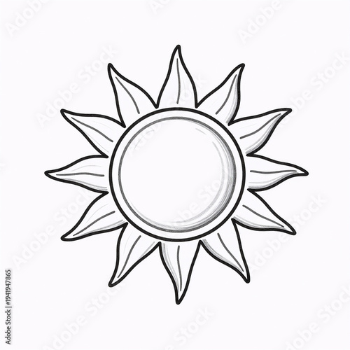 isometric, single-line art drawing of a continuous sun contour, isolated on white in summer style