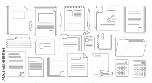 An assortment of office supplies including papers folders and a calculator in a linear style silhouette