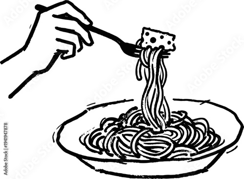Hand twirling spaghetti noodles on fork with piece of cheese over plate of pasta