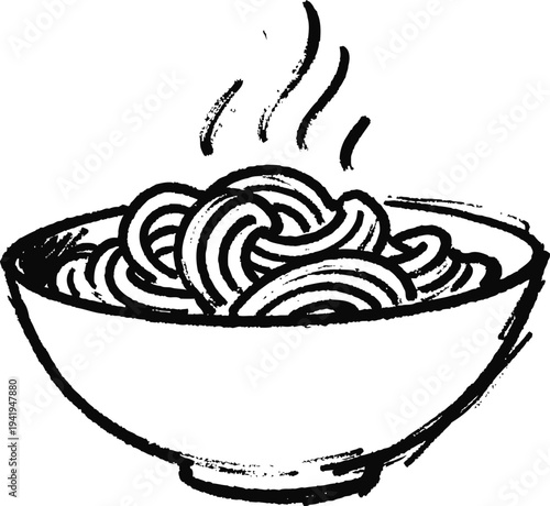 Bowl of steaming hot noodles sketch, hand drawn black ink illustration of food