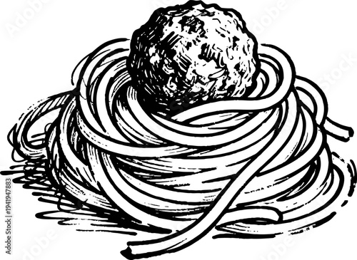 Spaghetti nest with meatball vintage illustration black and white drawing pasta dish