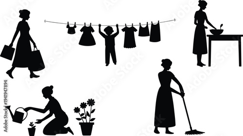 Housewife daily activities silhouettes set including shopping, cooking, cleaning, gardening and laundry, black female household routine icons isolated on light background