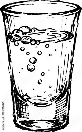Glass of sparkling water with bubbles, transparent beverage in clear drinking glass illustration