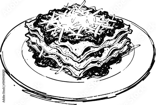 Delicious lasagna slice on a plate topped with grated cheese and sauce illustration