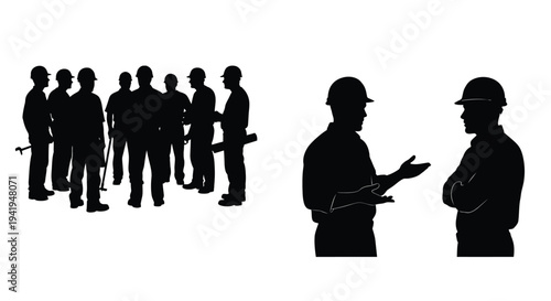 Construction workers in discussion a striking black silhouette
