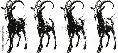 Strong mountain goats standing in various poses with dynamic splattered paint effect, black silhouettes