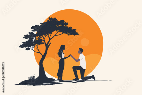 A silhouette of a couple in love stands under a tropical palm tree on a summer beach as the sunset sky reflects beauty over the nature landscape vector illustration