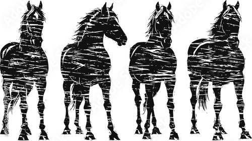 black silhouette horses set with textured grunge four standing horses facing different directions