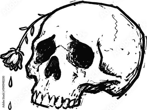 Sad skull with wilting flower and tears dripping, hand drawn gothic illustration of sorrow and mortality