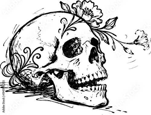Skull with floral decoration hand drawn black and white human skull with flowers and leaves entwined in a vintage tattoo