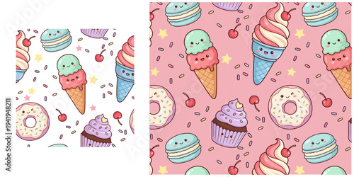 Adorable seamless pattern with kawaii desserts: ice cream cones, glazed donuts, macarons, and cupcakes with cute faces, children's textiles, gift wrap, stationery