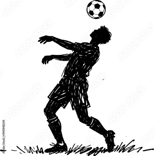 Silhouette of a soccer player controlling ball with chest on grassy field in action pose