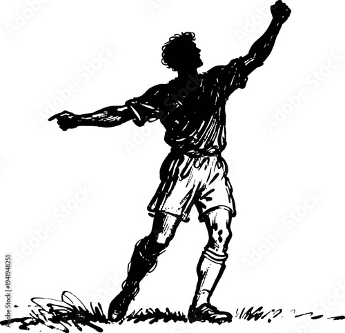 Soccer player celebrating victory with raised fist and extended arm on grass field