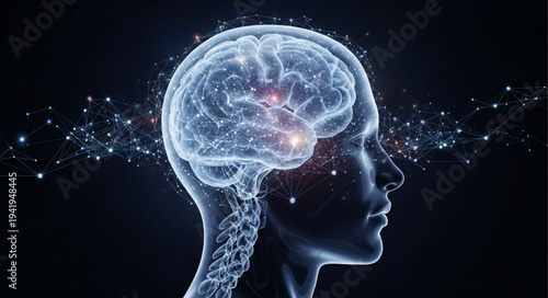 Digital Illustration of Human Brain with Neural Network.