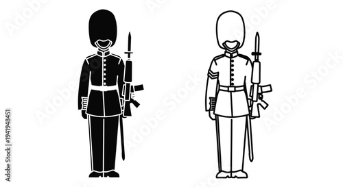 Two british guards in full uniform a striking black silhouette