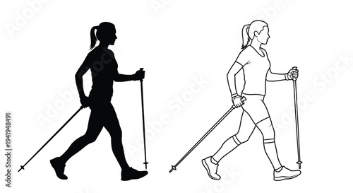 Woman nordic walking with poles a black silhouette illustration