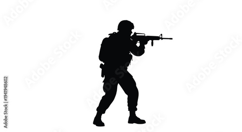 Soldier aiming rifle in a dynamic pose stark black silhouette