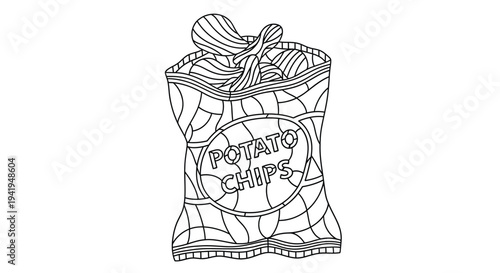 Detailed line art illustration of a bag of potato chips silhouette