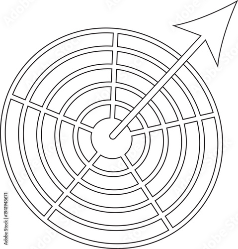 A circular diagram with radial lines and an arrow indicating a specific direction. Vector illustration