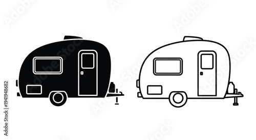 Two caravan depictions one solid black and one outlined silhouette