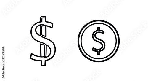 Two currency symbols a dollar sign and coin in black outline silhouette