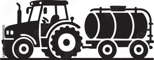 Farm Tractor With Tank Trailer Black Silhouette Agricultural Machinery Icon Vector