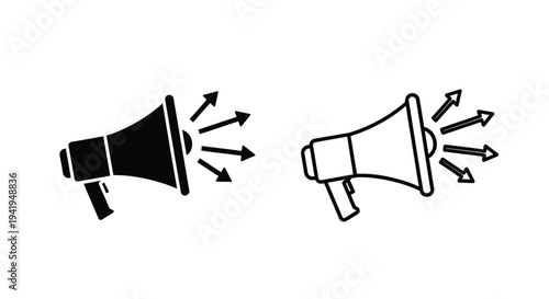 Two megaphone icons with sound waves a bold silhouette
