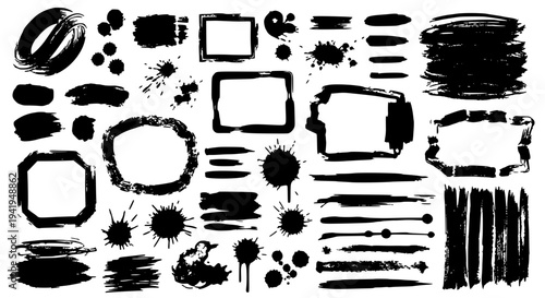 Brush strokes collection with grunge texture and black color featuring abstract shapes, graphic elements, design
