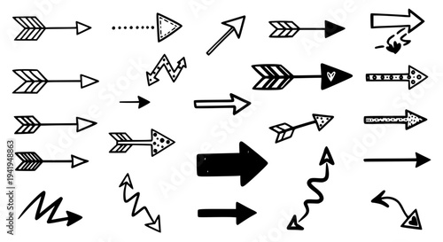 Arrows set with various designs and styles for graphic use featuring vector graphics, white background, abstract shapes
