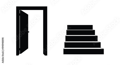 A stark doorway and staircase depicted in a bold silhouette