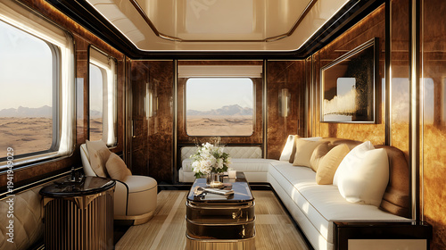 Luxury Mountain Train Journey Passing Scenic Valley And Resort At Sunset high resolution picture