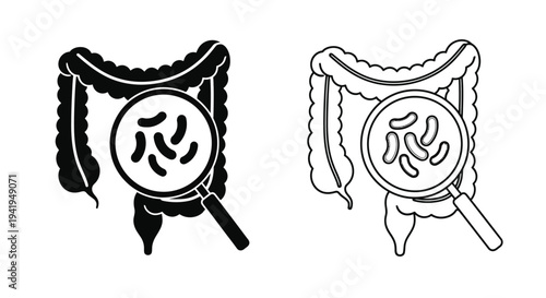 Intestinal health examination with a magnifying glass silhouette